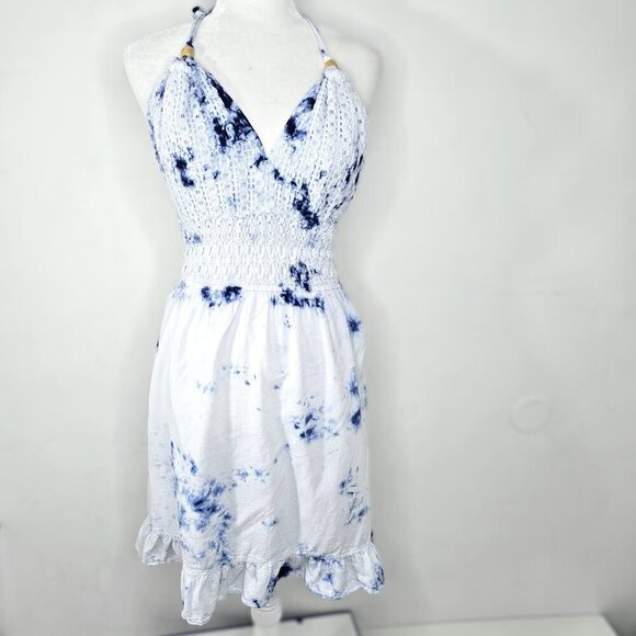 BLANCO Blue White Crochet Halter Tie Beachy Open Back Mini Dress - Picture 2 of 8